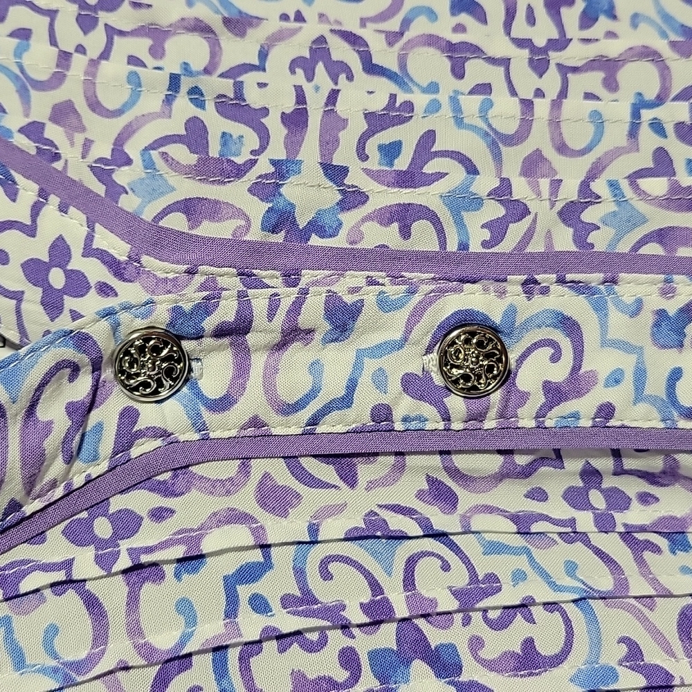 Emily Daniels Purple Patterned blouse - Sz L - Coastal Grandma, Pleated, Layered - Picture 3 of 8